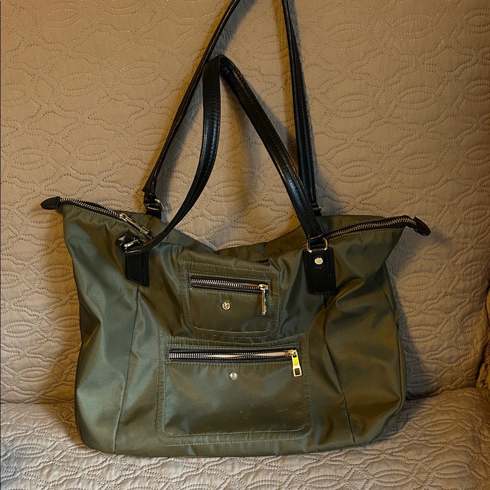 Olive Green Nylon Shoulder Bag with Black Accents